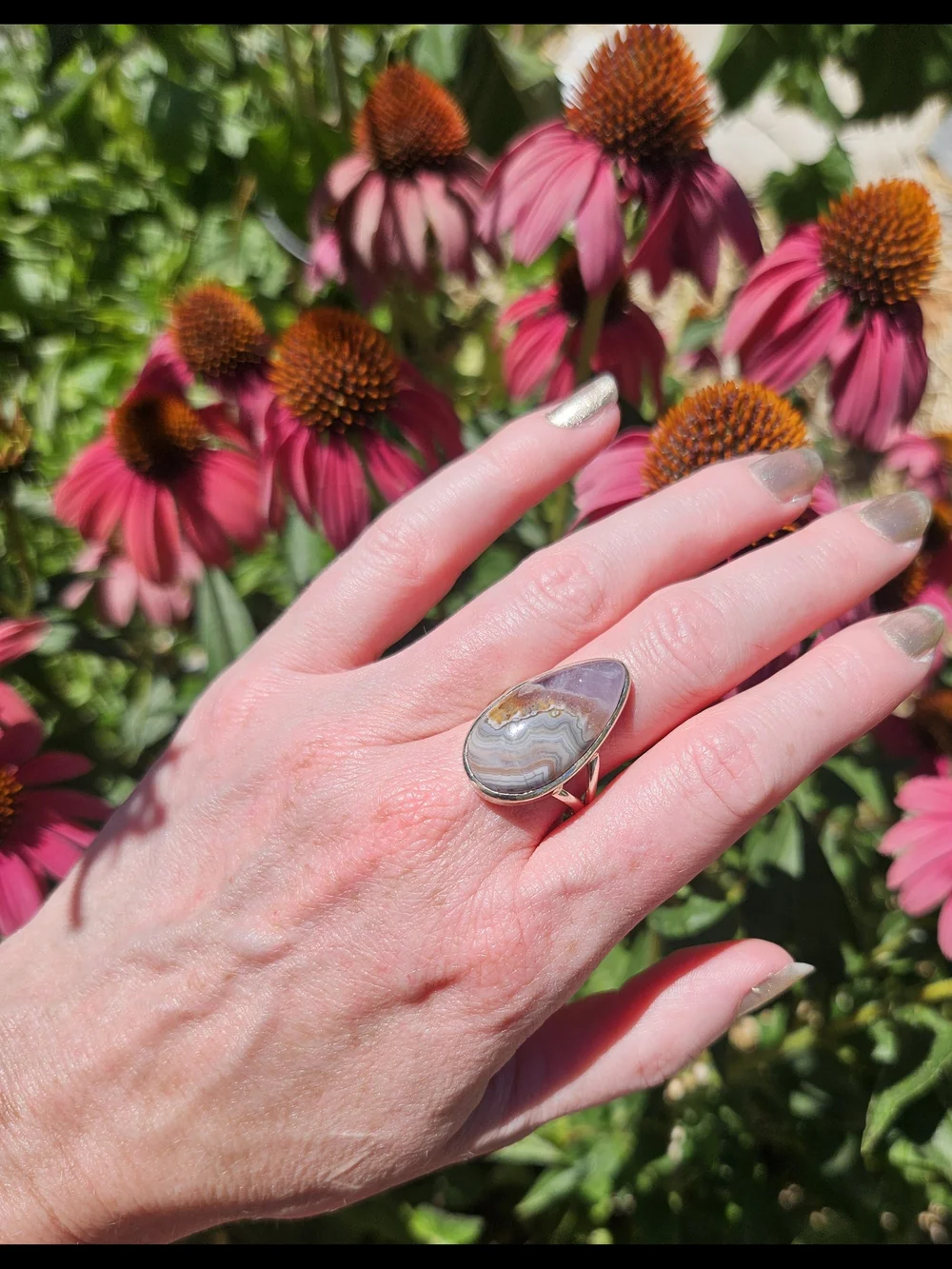 Botswana Agate Teardrop Sterling Silver Statement Ring Size 7 3/4